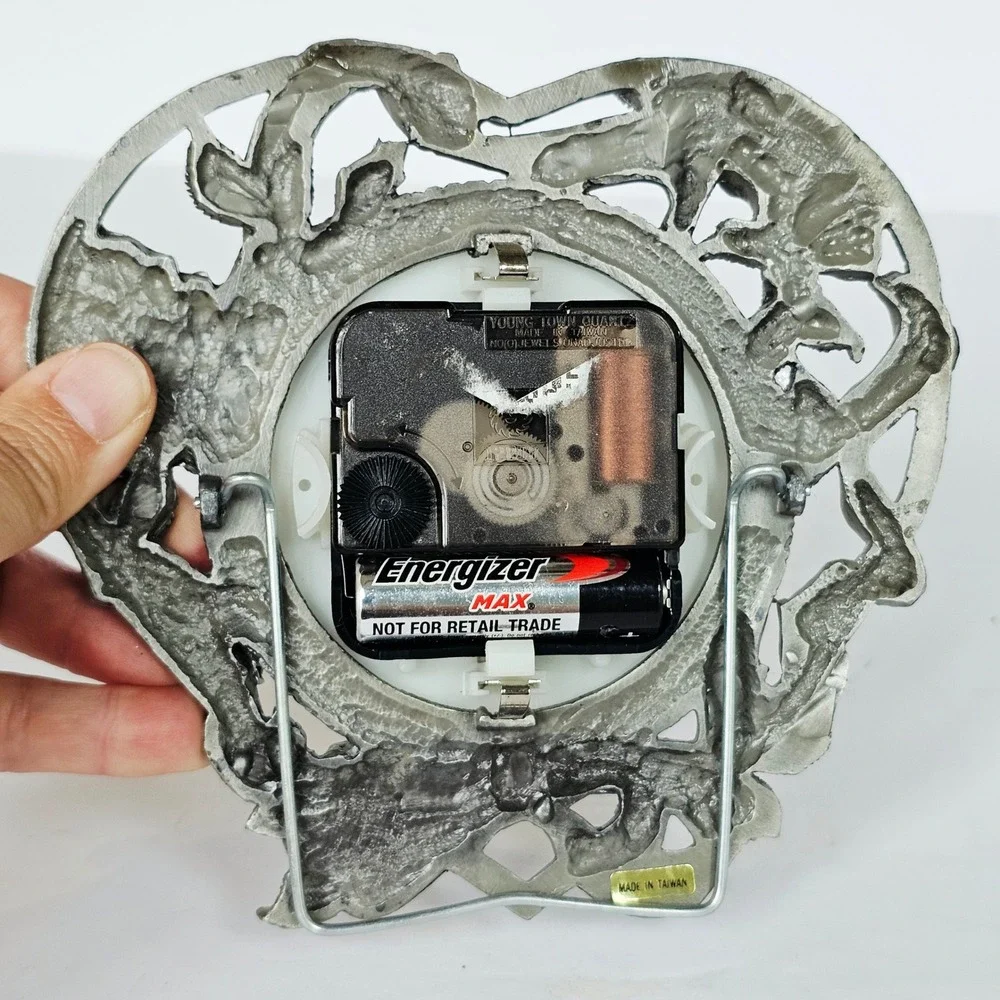 Vintage Pewter Tone Rose Ribbon Heart Desk Clock Victorian Quartz Decor 6in